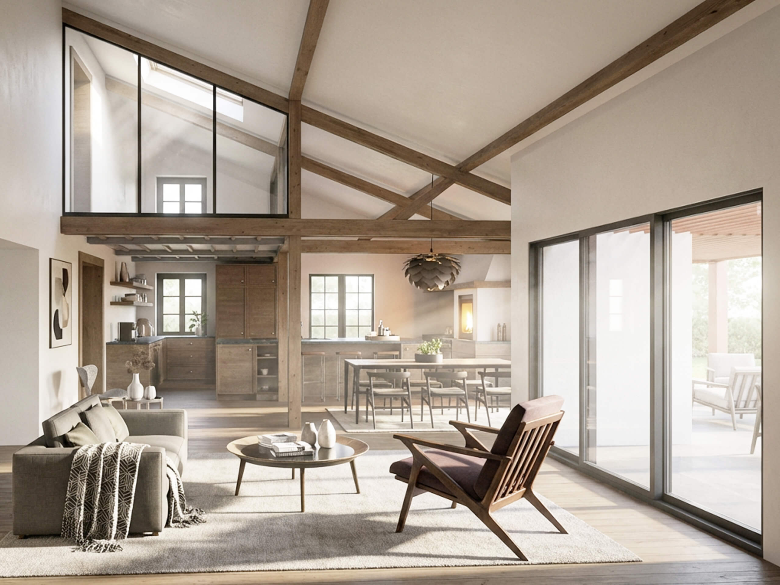 Espace salon et cuisine avec plafond cathédrale.